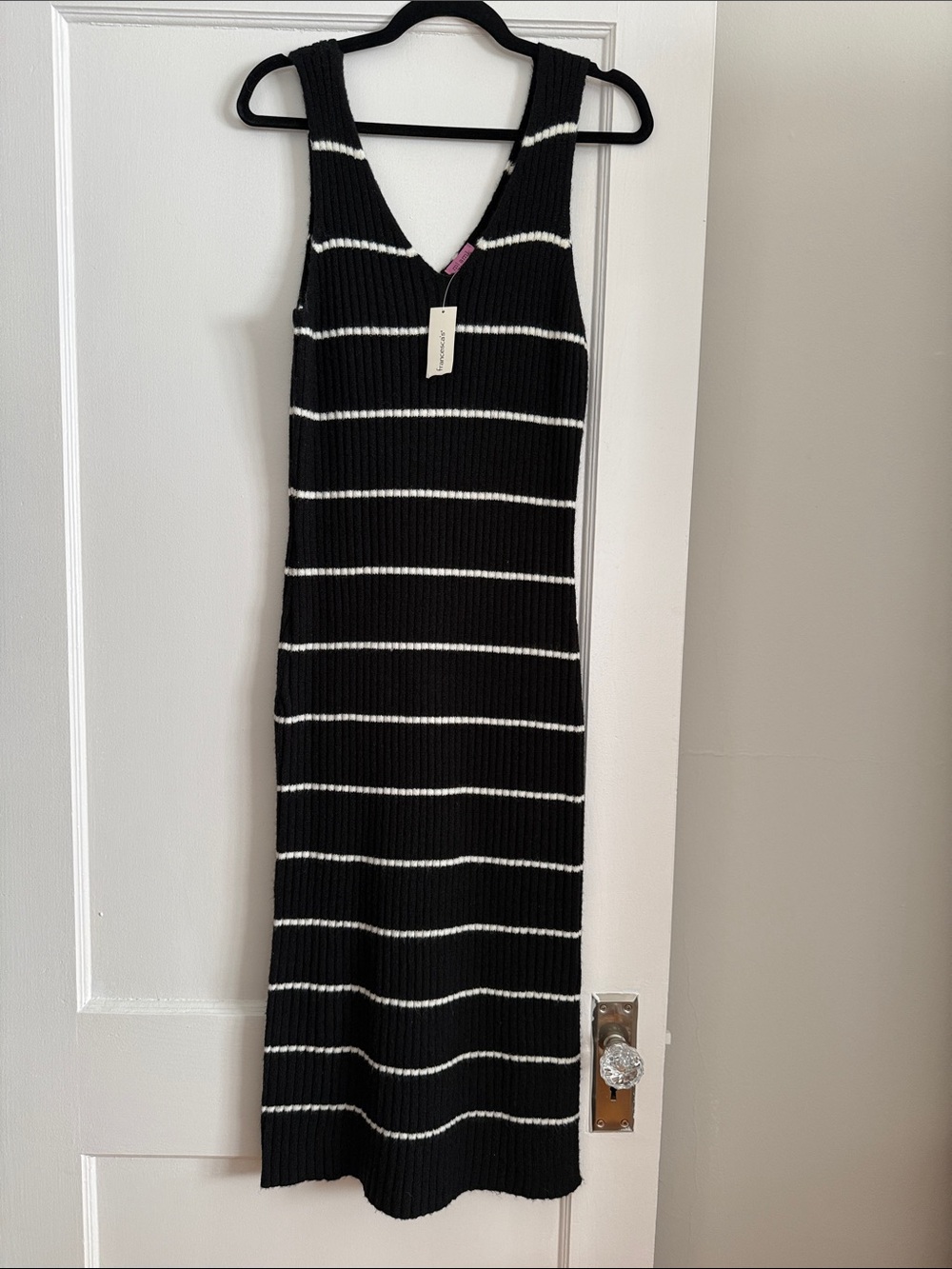 Francesca's Collections Black & White Striped V-Neck Midi Dress